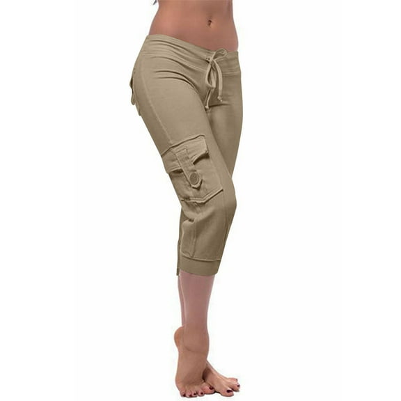 Brnmxoke Capri Cargo Pants for Women with Mulit Pockets Summer Mid Rise Lightweight Jogger Pants Stretchy Tactical Tavel Hiking Pant 2025 Khaki,XL