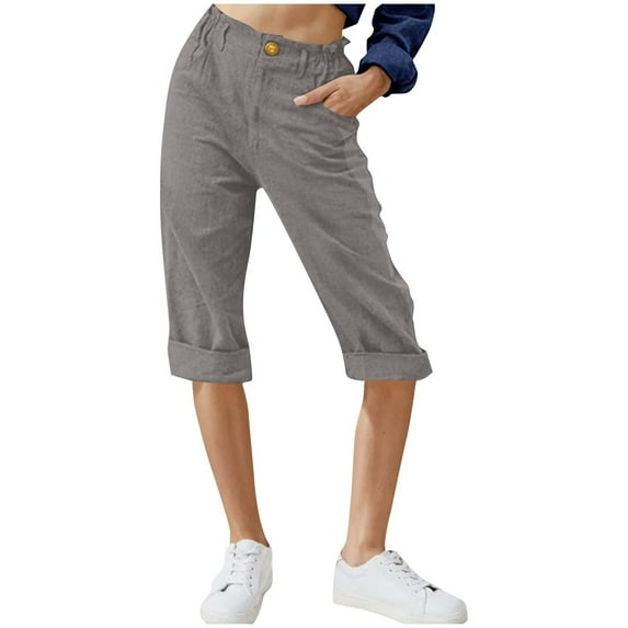 Brnmxoke Capri Linen Pants Women Casual Summer Knee Length Cropped Pants Lightweight Elastic Waist Button Yoga Capris with Pockets Gray,M