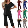 thumbnail image 1 of Brnmxoke Capri Pajama Sets for Women Sleepwear Short Sleeve Two-Piece Pjs V Neck Tops & Capri Pants with Pockets Blue,XXL, 1 of 1