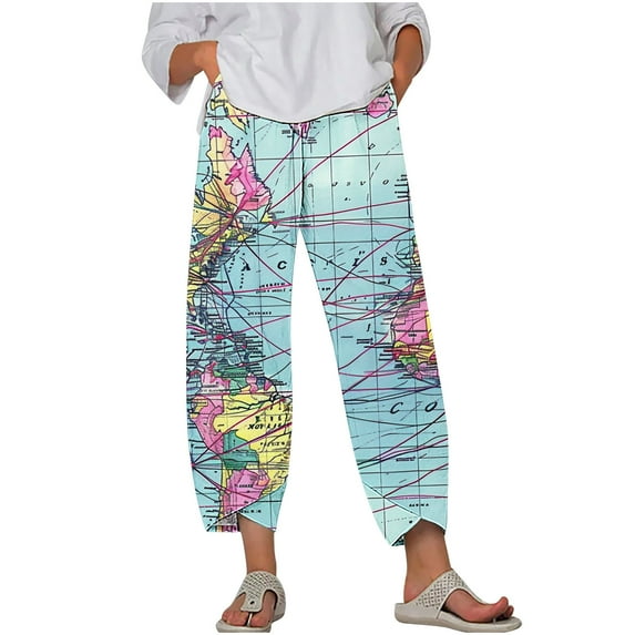 Brnmxoke Capri Pants for Women Casual Summer 2024 Cotton Linen Pants Women Fall Elastic Waist Crop Pants Plus Size Straight Leg Palazzo Casual Print Trousers with Pockets Multicolor,XXXXXL