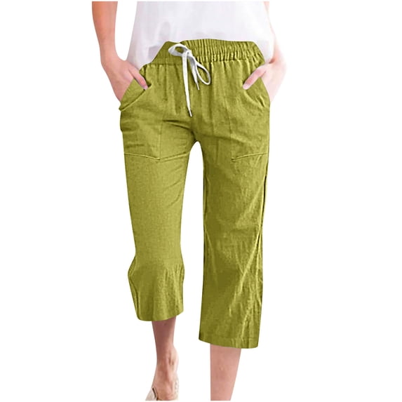 Brnmxoke Capri Pants for Women Casual Summer 2024 Solid Color Drawstring Capris Linen Pants Pockets Beach Straight Wide Leg Cropped Trousers