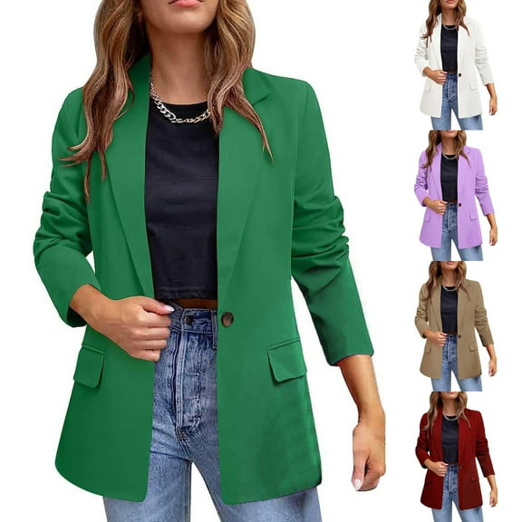 Brnmxoke Casual Blazer for Women Long Sleeve Open Front Button Jacket Loose Fit Work Office Blazer Suit Jackets Solid Color Cardigan Coat