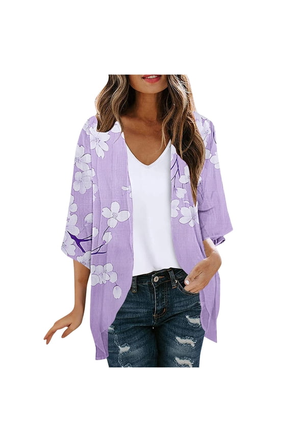 Chiffon Cardigan Women Summer Casual Printed Chiffon Kimono Cardigans Open Front Boho Cover Up 3/4 Sleeve Blouse for Swimwear Beachwear Purple,M