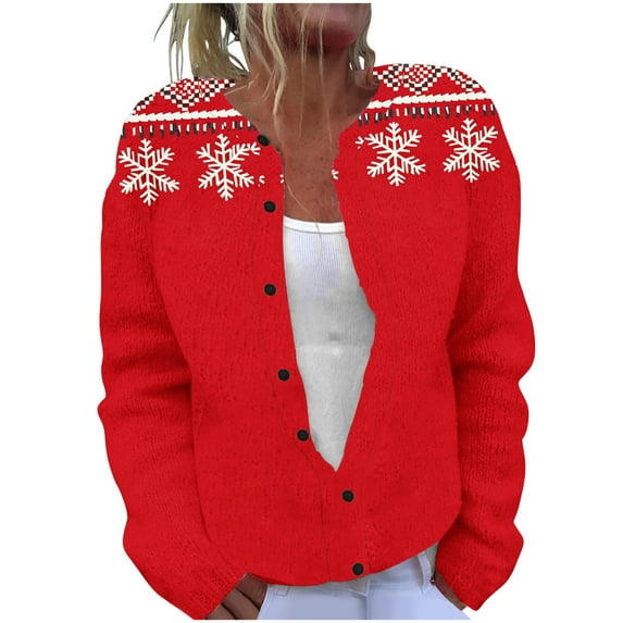 Brnmxoke Christmas Sweaters for Women 2025 Ugly Print Button Down Xmas Plus Size Knitted Cardigans Open Front Crochet Fall Winter Long Sleeve Coat Red,S