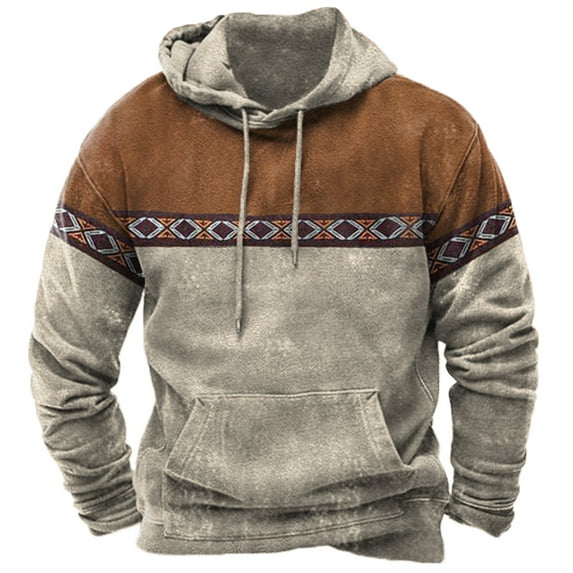 Brnmxoke Clearance Deals 2024 Mens Western Long Sleeve Hooded Sweatshirts Plus Size Aztec Printed Casual Long Sleeve Street Sweatshirt Gray,XXL