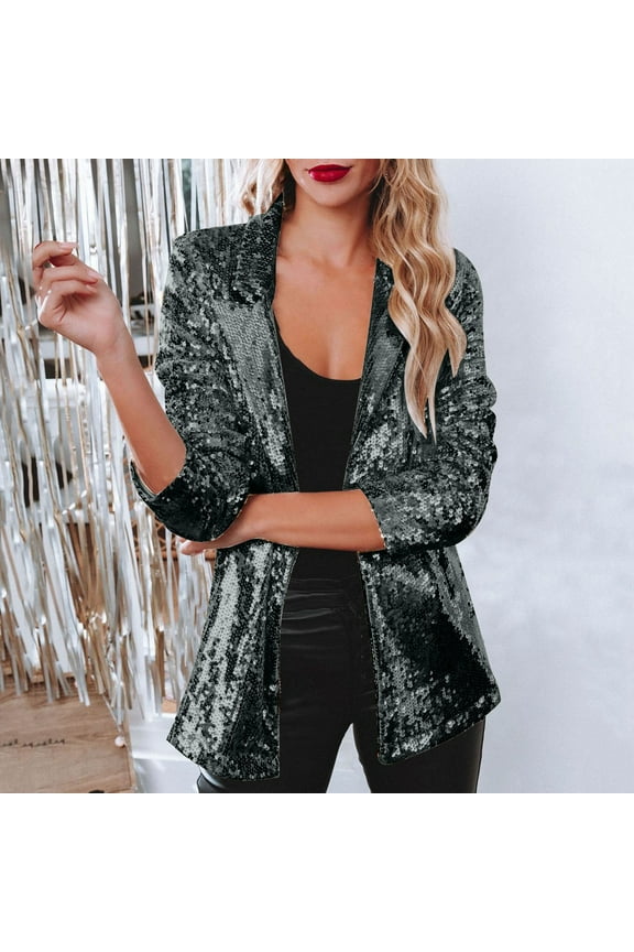 Clearance Sale Sequin Blazer for Women Evening Party Slim Fit Shiny Sparkly Boat Neck Suit Jacket, Women's Shiny Sequin Open Front Blazer Coat Lapel Long Sleeve Cardigan Jacket