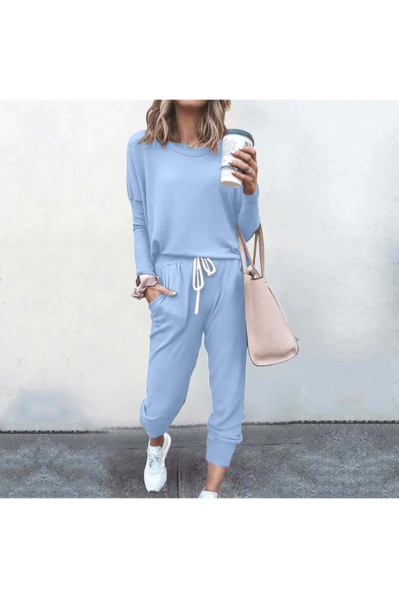 Moxiu Clearance Sales,Women's Two Piece Tracksuit Long Sleeve 2 Pieces Jogger Sets with Pockets Solid Color Plus Size Two Piece Outfits with Drawstring