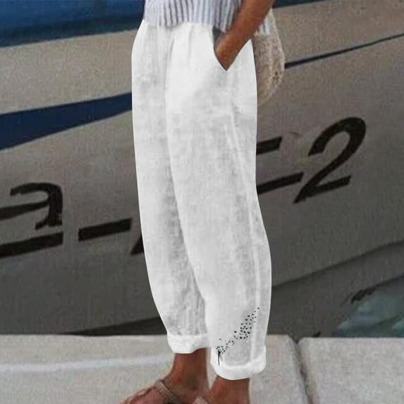 Brnmxoke Clearance Sales,Womens Harem Pants with Pockets,Summer Capri Pants for Women Beach Harem Linen Pants Palazzo Pajama Print Cropped Trousers Black,M