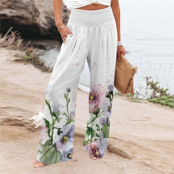 Brnmxoke Cotton Linen Pants for Women with Pockets,Womens Casual Wide Leg Pants High Waisted Palazzo Pants Summer Loose Boho Printed Linen Drawstring Lounge Pants
