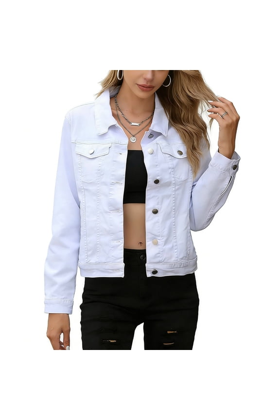 Cropped Denim Jacket for Women Plus Size Casual Collared Long Sleeve Jean Jackets Stretchy Button Dowdown Distressed Outerwear Tops with Pockets White,L