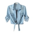 thumbnail image 1 of Brnmxoke Cropped Denim Jacket for Women Plus Size Casual Roll Up 3/4 Sleeve Tie Front Knot Shirt Distressed Collared Long Sleeve Tops with Pockets Light Blue,M, 1 of 6