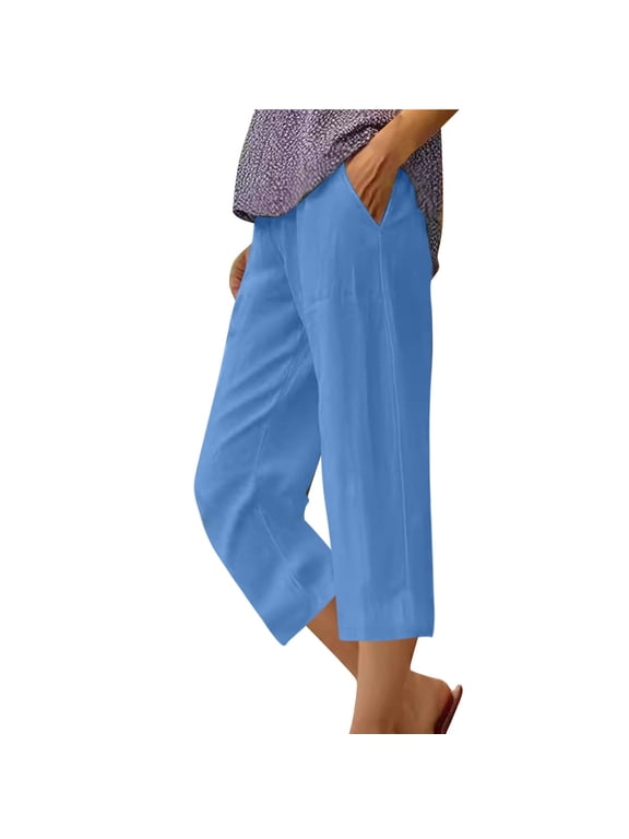 Cropped Linen Pants Women Summer Elastic Waist Straight Leg Plus Size Crop Pants Casual Beach Trousers with Pockets 2025 Sky Blue,S