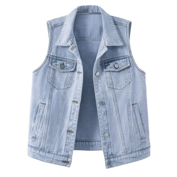 Brnmxoke Denim Women Vest Plus Size Jean Waistcoat Frayed Solid Ripped Vests Lapel Button Down Jackets with Pockets Light Blue,L