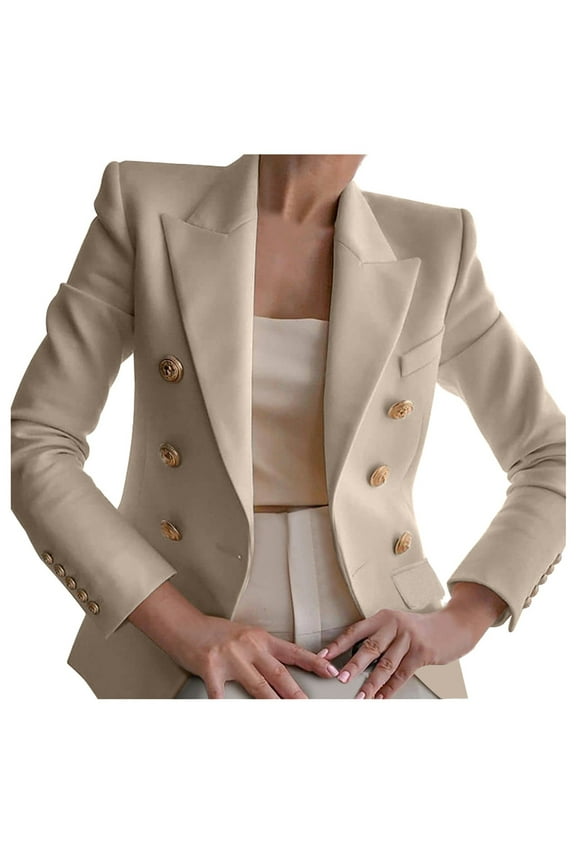 Double Breasted Blazer Women Long Sleeve Blazer Lapel Open Front Jacket Solid Color Work Office Coats with Pockets Khaki,XL