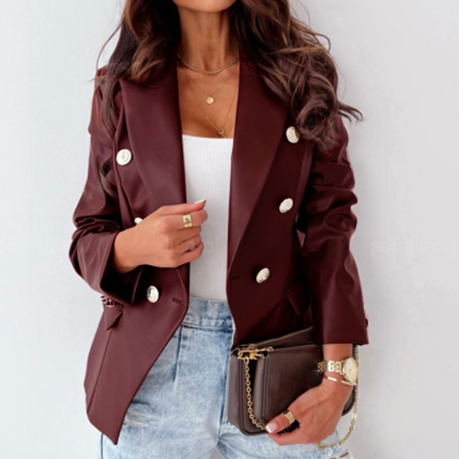 Brnmxoke Double Breasted Buttons Faux Leather Blazer Women Long Sleeve Coat Notch Collar Leather Jacket Women