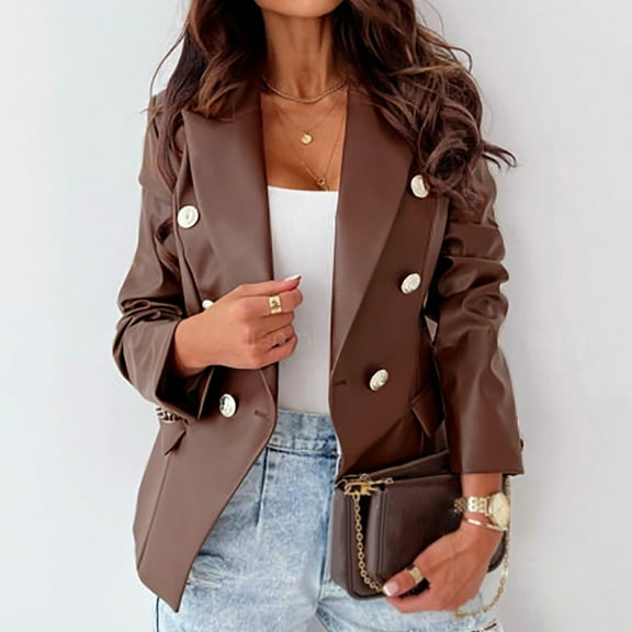 Brnmxoke Double Breasted Buttons Faux Leather Blazer Women Long Sleeve Coat Notch Collar Leather Jacket Women