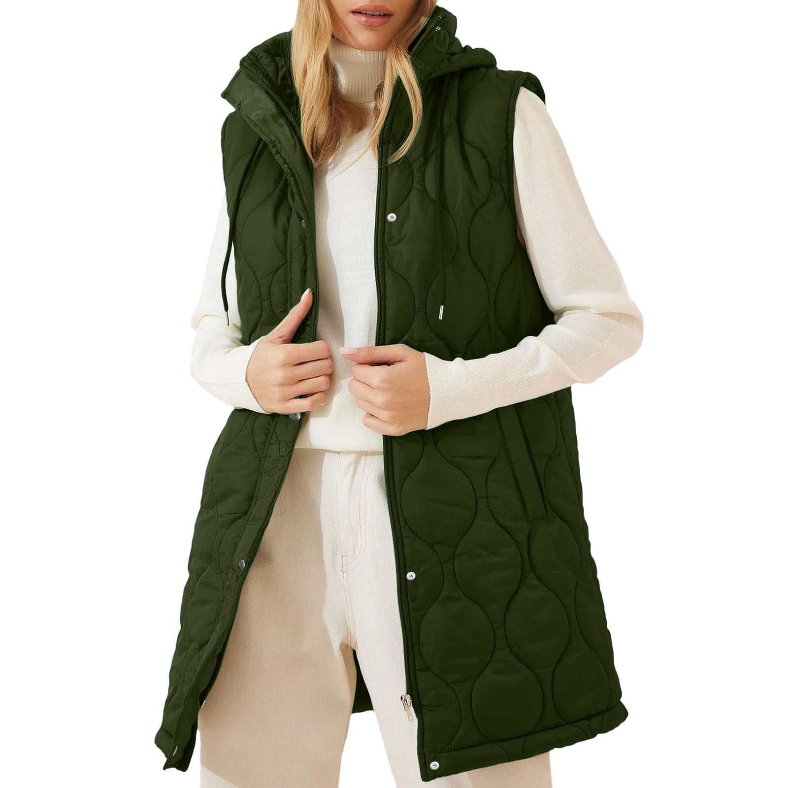 Brnmxoke Down Long Vest Women Lightweight Quilted Hooded Puffer Vests Winter Warm Zip Up Pockets Outerwear Jackets Army Green,L