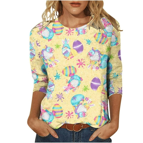 Brnmxoke Easter Tops for Women Casual Summer,3/4 Sleeve Shirts Easter Eggs Print Graphic Tees Holiday Blouses Loose Basic Tops Pullover Fashion Round Neck Going Out Tunic Top