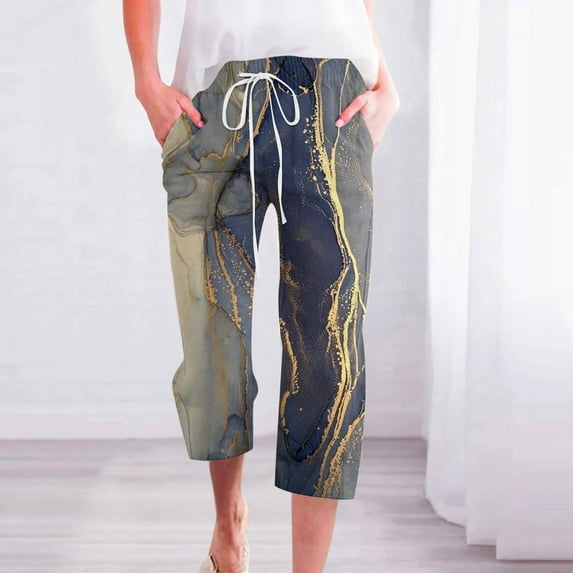 Brnmxoke Fall Clearance 2023,Capri Pants for Women Cotton Linen Elastic High Waist Wide Leg Lounge Cropped Pants with Pockets Womens Trendy Linen Capris