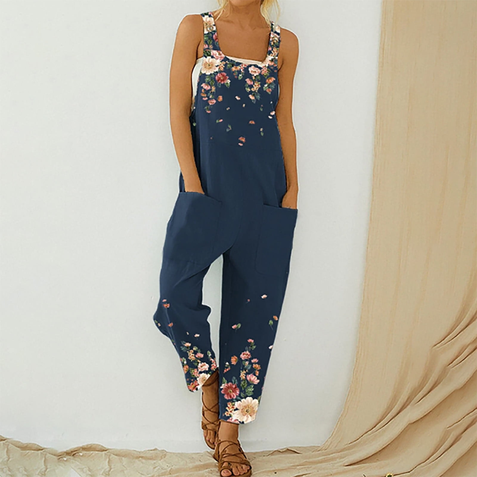 Brnmxoke Fall Clearance 2023,Women's Sleeveless Bib Overalls Suspender  Loose Wide Leg Pant Jumpsuits Casual Summer Button Rompers with Pockets 