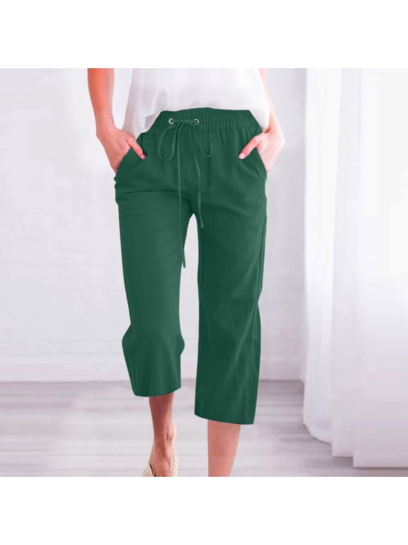 Fall Clearance 2023,Womens Linen Pants High Waisted Loose Crop Pants Wide Leg Drawstring Capris Casual Yoga Sweatpants with Pockets Womens Linen Capri Pants