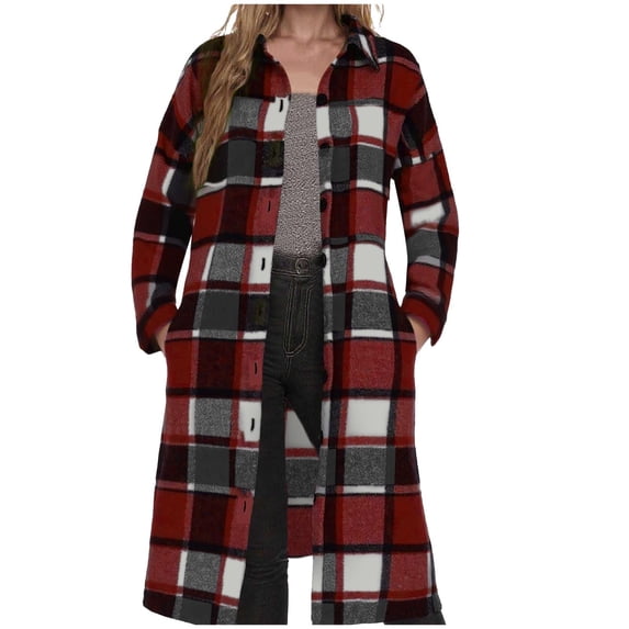 Brnmxoke Fall Jackets for Women 2025 Button Lapel Plaid Long Flannel Shirts Casual Long Sleeve Shaket Winter Trench Coat Wine,L