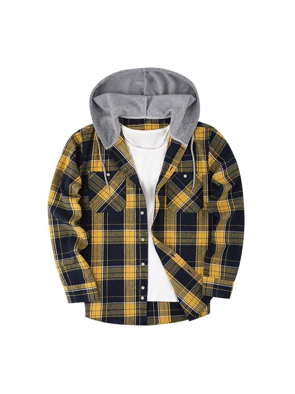 Flannel Hooded Shirt for Men Flannel Hoodie Shirt Casual Button Down Plaid Jacket Shirts Stylish Long Sleeve Shirts with Pocket Yellow,S