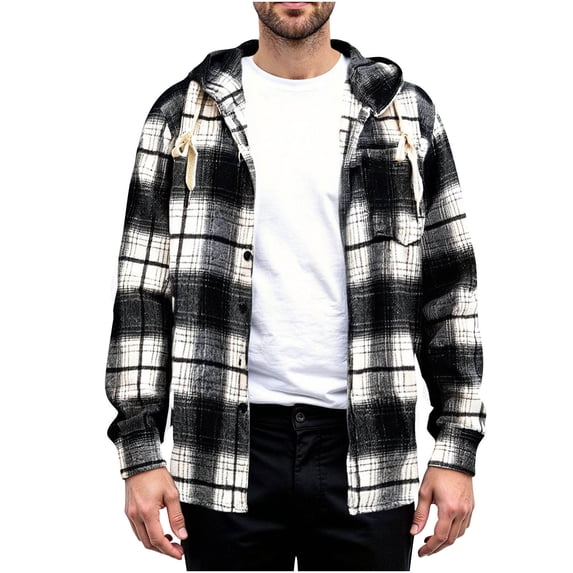 Brnmxoke Flannel Hoodie Jacket Men Flannel Hoodie Shirt Casual Button Down Plaid Jacket Shirts Stylish Long Sleeve Shirts with Pocket Black,M