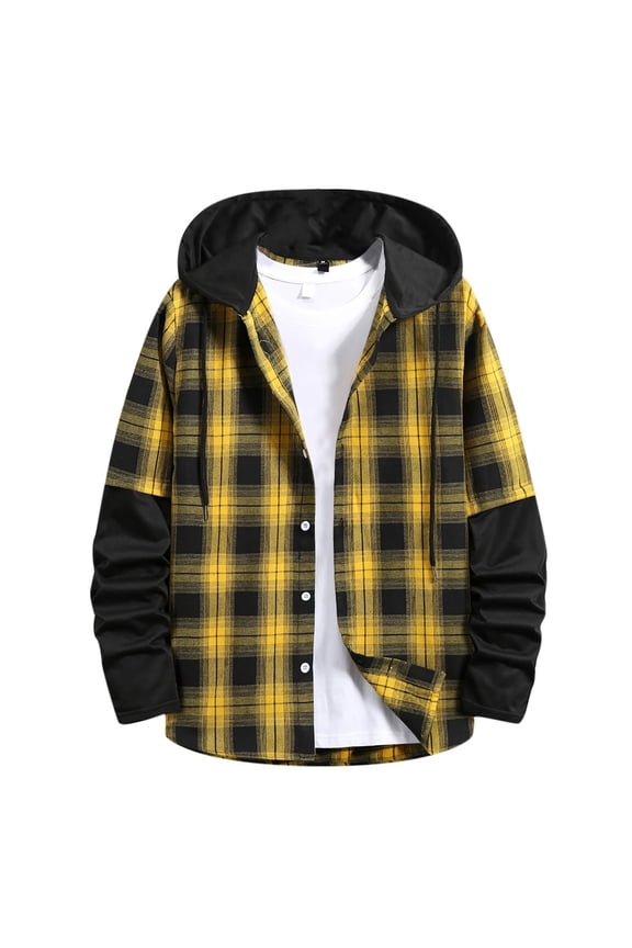 Flannel Hoodie Shirt for Men Flannel Hoodie Shirts Long Sleeve Casual Vintage Button Down Plaid Shirt Jacket with Pocket Yellow,M