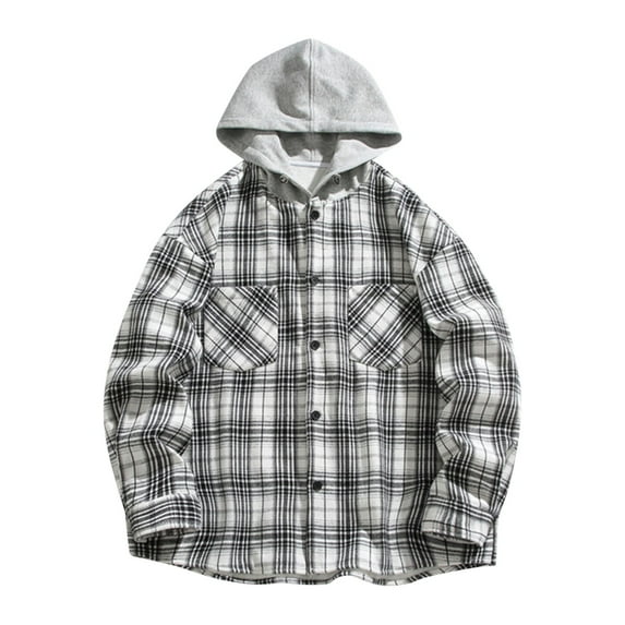 Brnmxoke Flannel Hoodies for Men Flannel Hoodie Shirts Long Sleeve Casual Vintage Button Down Plaid Shirt Jacket with Pocket White,XL