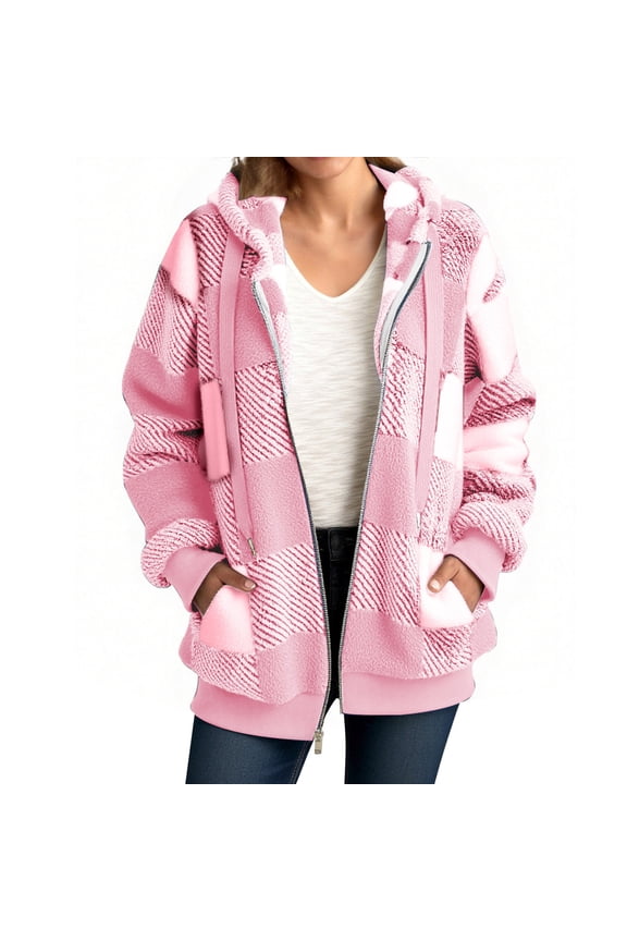 Flannel Long Shirt Women Zip Up Hooded Fleece Plaid Jackets Warm Sherpa Shacket Plus Winter Coats Pink,XXL