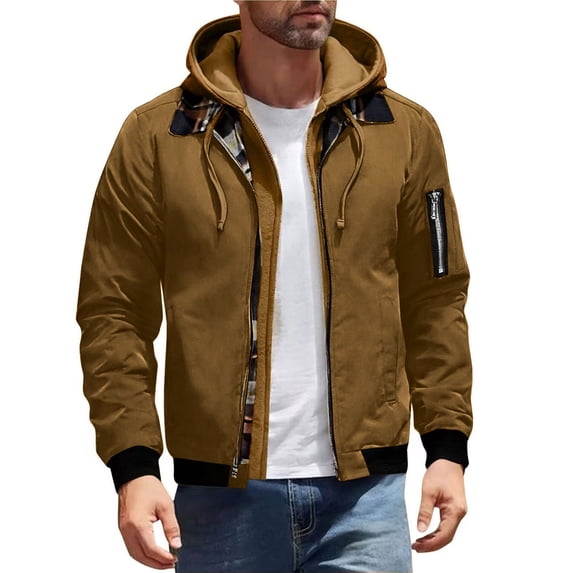 Brnmxoke Flannel Mens Jacket Plaid Long Sleeve Hooded Jackets Zip Up Quilted Lined Thermal Coats Outerwear Brown,XXXL