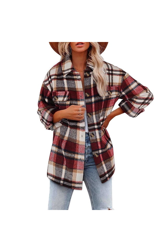 Flannel Shacket Jacket Women Clearance Sale 2024 Womens Wool Blend Plaid Flannel Button Down Shirts Jacket Shacket Coats