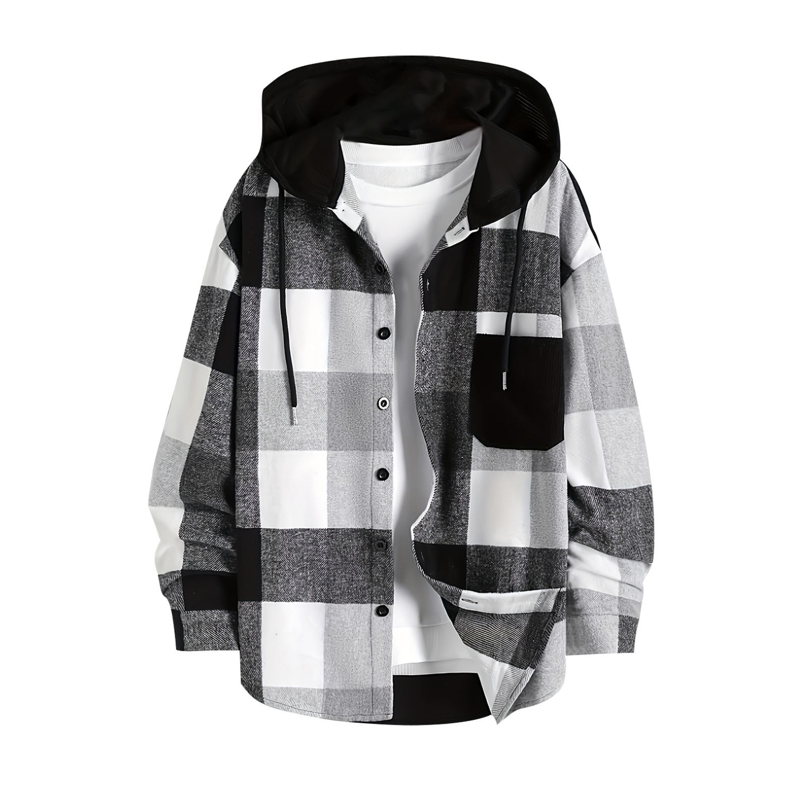 Brnmxoke Flannel Shirt for Men Hoodie Flannel Hoodie Shirts Long Sleeve Casual Vintage Button Down Plaid Shirt Jacket with Pocket Black,M