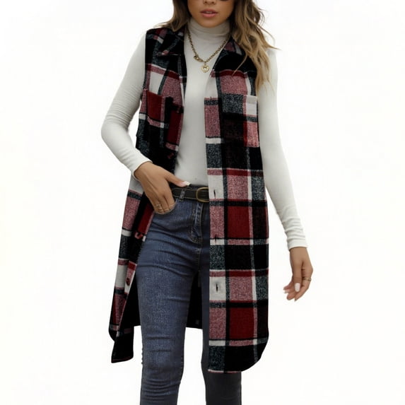 Brnmxoke Flannel Vest Women Plus Size Trendy Plaid Long Sleeveless Button Down Vests Casual Lapel Neck Checkered Shacket Waistcoat Wine,M