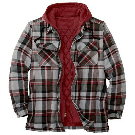Brnmxoke Flannel for Men Jacket Full Zip Thicken Insulated Hooded Plaid Shirts Quilted Long Sleeve Coats with Pockets Red,XXXL