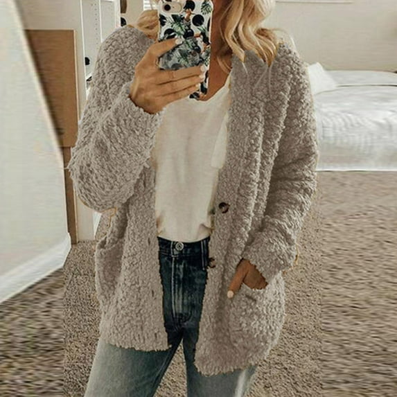 Brnmxoke Fleece Cardigan Sweaters for Women Soft Long Sleeve Jacket with Pockets Button Down Open Front Fall Clothes