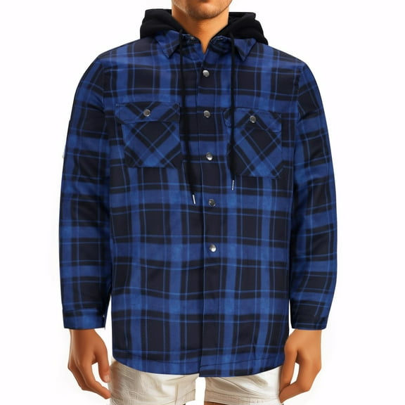 Brnmxoke Fleece Flannel Jacket Men Full Zip Thicken Insulated Hooded Plaid Shirts Quilted Long Sleeve Coats with Pockets Dark Blue,L
