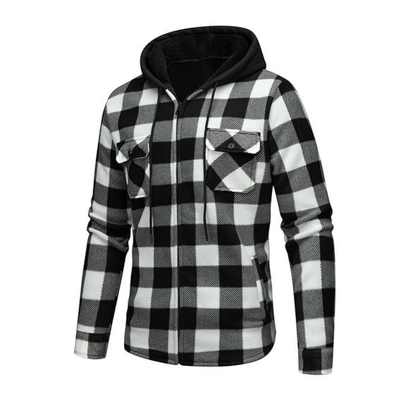 Brnmxoke Fleece Flannel Shirt Men Drawstring Hooded Full Zip Plaid Jackets Fuzzy Casual Long Sleeve Coats with Pockets Black,M