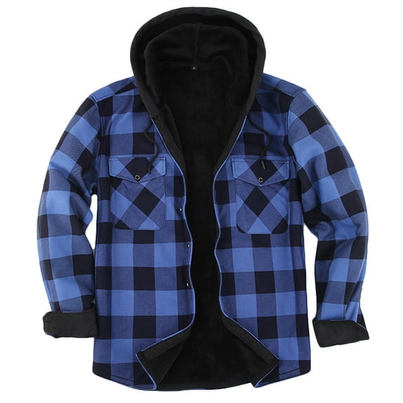 Brnmxoke Fleece Lined Shirts for Men Long Sleeve Flannel Warm Insulated Hooded Plaid Jackets Heavyweight Thicken Coats with Pockets Blue,M