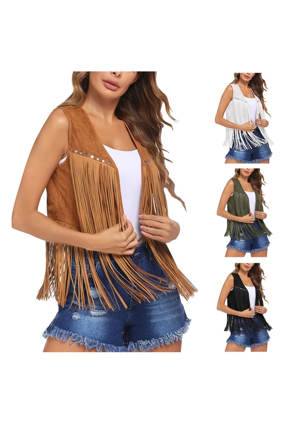 Fringe Vest Women Faux Suede Open-Front Vintage Vest Sleeveless 70s Hippie Clothes Boho Western Jacket White,XXL