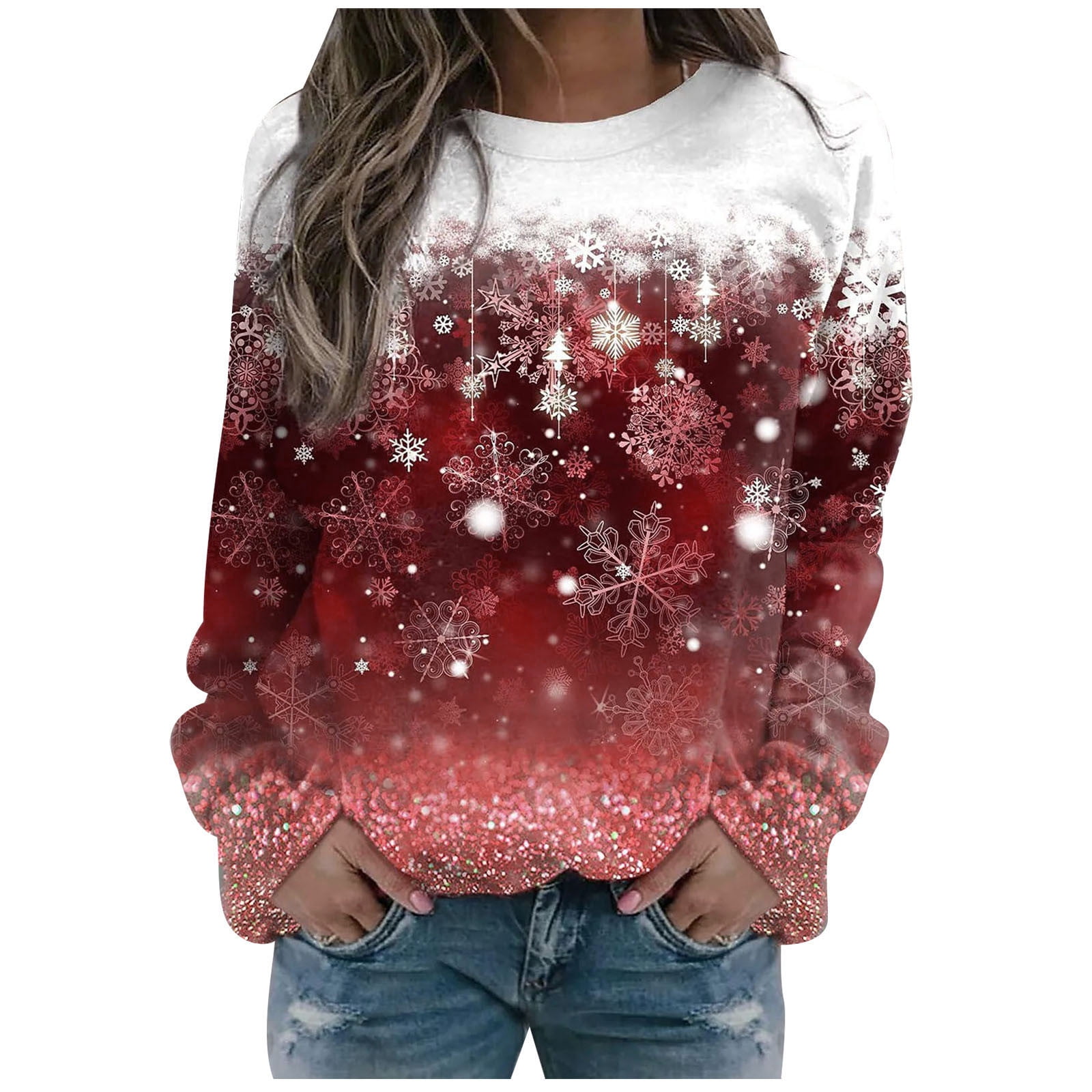 OFEEFAN Women's Christmas Sweatshirt - Red Block Pullover Long Sleeve Top, Loose Fit Tunic For Holidays - View #12