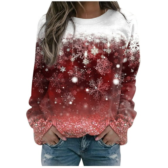 Brnmxoke Funny Christmas Sweatshirts for Women 2023 Casual Crewneck Sweatshirt Cute Graphic Sparkly Snowflakes Sweatshirts Long Sleeve Round Neck Pullover Tops