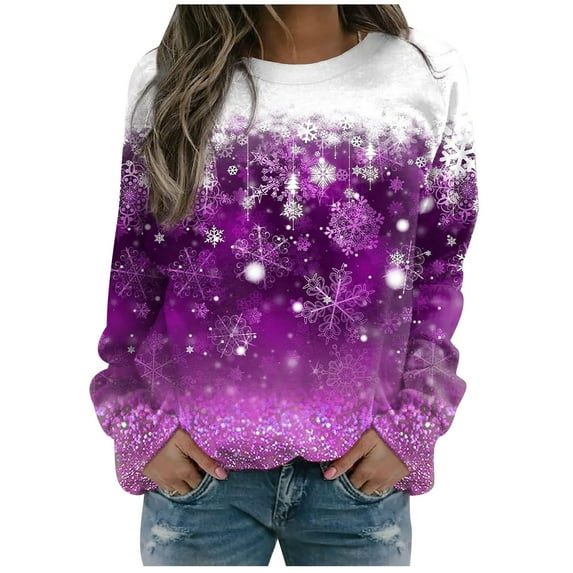 Brnmxoke Funny Christmas Sweatshirts for Women 2023 Casual Crewneck Sweatshirt Cute Graphic Sparkly Snowflakes Sweatshirts Long Sleeve Round Neck Pullover Tops