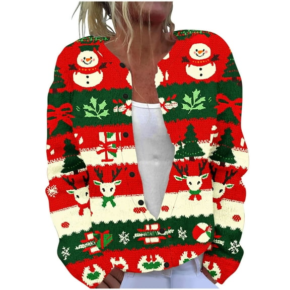 Brnmxoke Funny Ugly Christmas Sweater Women's Knitted Trendy Button Down Xmas Cardigans Printed Open Front Long Sleeve Festive Sweaters Red,XXL