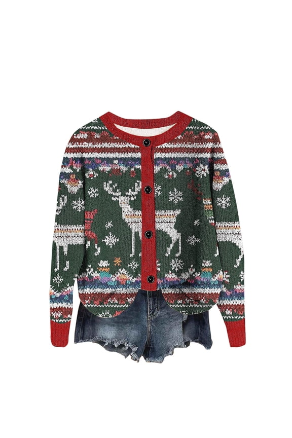 Funny Ugly Christmas Sweaters for Adults Cable Knit Xmas Open Front Button Cardigans Printed Long Sleeves Casual Sweater Green,M