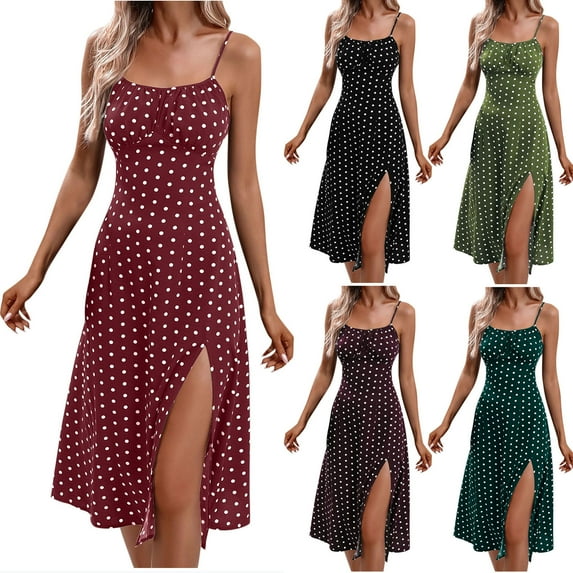Brnmxoke Going Out Dress for Women 2025 Summer Spaghetti Straps Sleeveless Midi Dress Ladies Polka Dots Split Vacation Dresses Blue,XXL