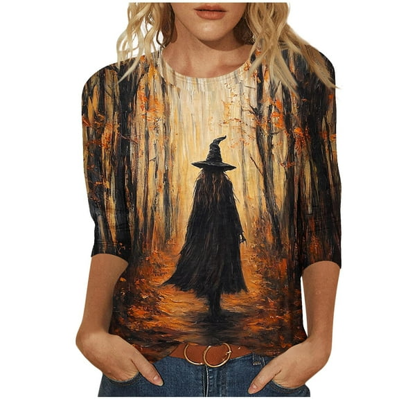 Brnmxoke Halloween 3/4 Length Sleeve Womens Tops Vintage Witch Graphic Tees Ladies Blouse Crew Neck Tunic Shirts Blouses 2025 Orange,S