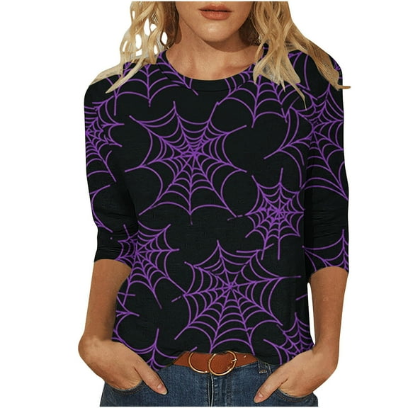 Brnmxoke Halloween 3/4 Sleeve Tops for Women Vintage Spider Web Graphic Tees Ladies Blouse Crew Neck Tunic Shirts Blouses 2025 Purple,M