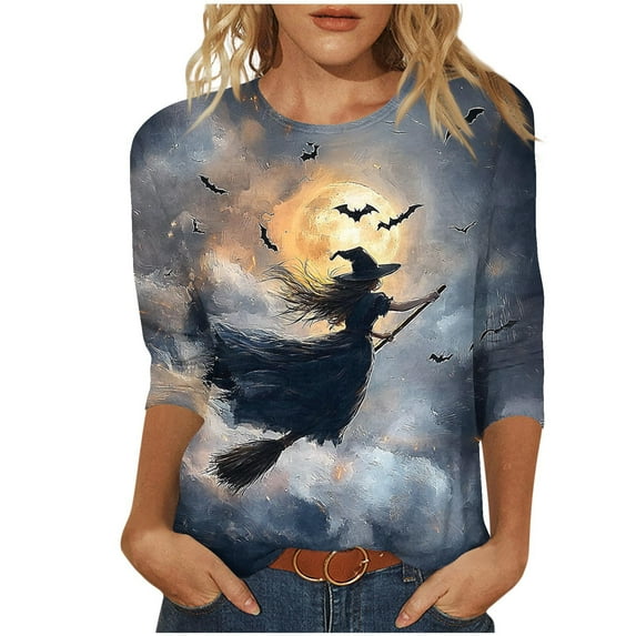 Brnmxoke Halloween Shirts for Women 3/4 Sleeve Vintage Witch Moon Graphic Tees Ladies Blouse Crew Neck Tunic Shirts Blouses 2025 Dark Gray,XXXXL